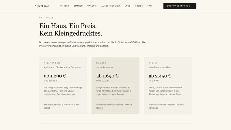 Website AlpenGlow Seite "Preise"