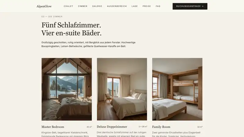 Website AlpenGlow Zimmerübersicht