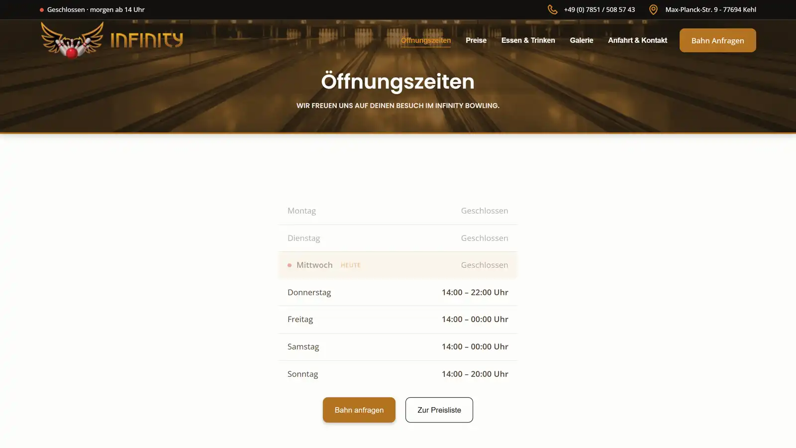 Website Infinity-Bowling Seite "Öffnungszeiten"