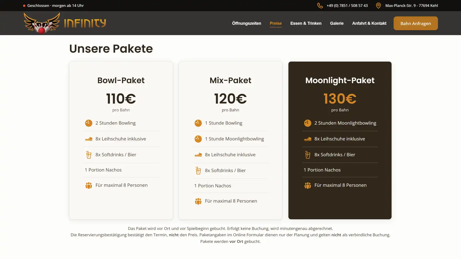 Website Infinity-Bowling Seite "Preise"