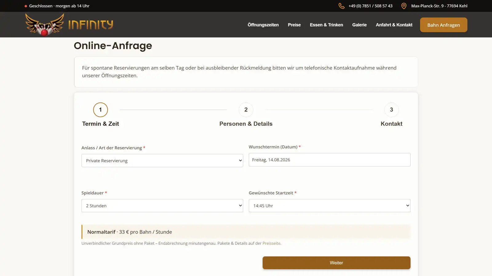 Website Infinity-Bowling Reservierungsanfrage